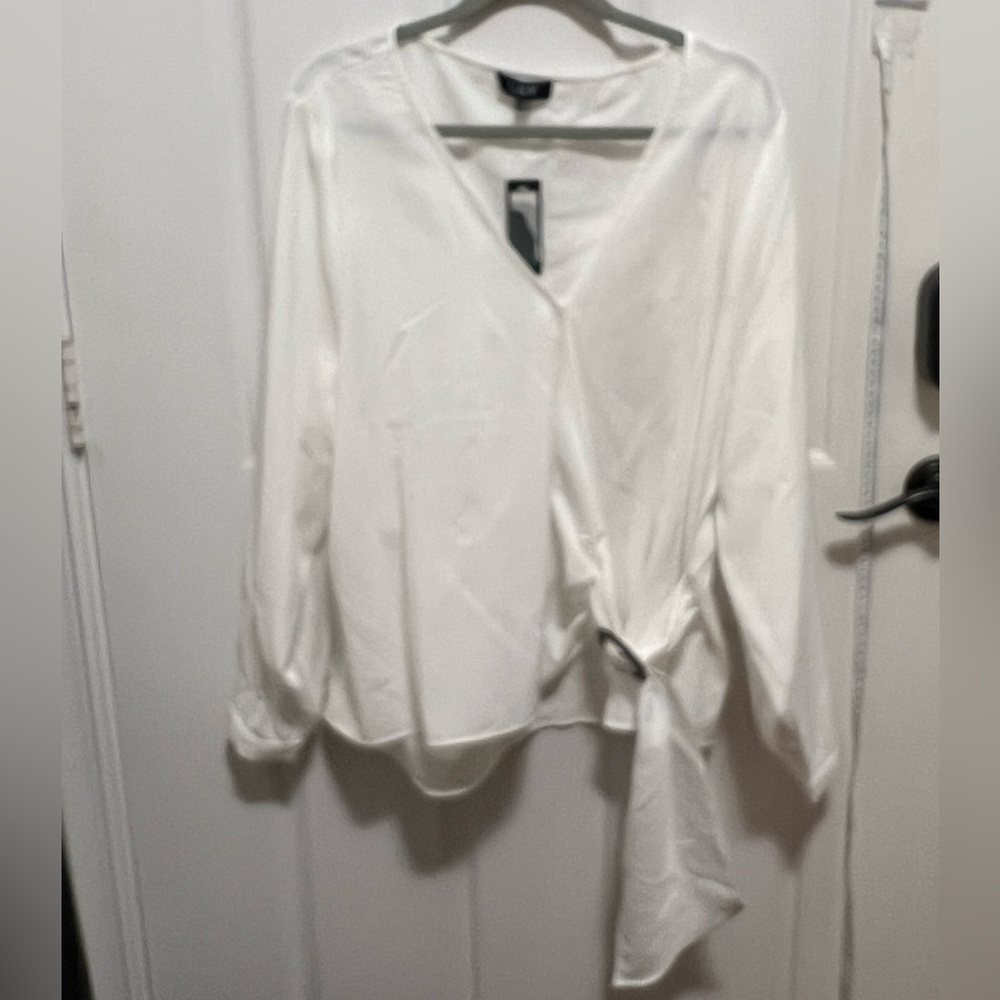 Wrap cross front white long sleeve buckle front blouse